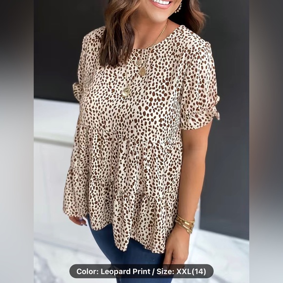 BRAND NEW Leopard Print Ruffle Hem T-Shirt, Casual Crew Neck Short Sleeve XXL - Picture 3 of 6